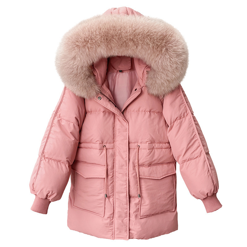 Winter White Duck Down Jacket Women Medium Long Hooded Down Coat Female Casual Thick Solid Fur Collar Jacket LJ201127