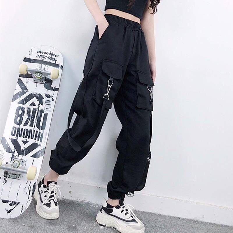 Joggers Women Cargo Pants Hip Hop Elastic High Waist Loose Streetwear Harem Pants Baggy Female Korean Fashion Trousers Patchwork 201113
