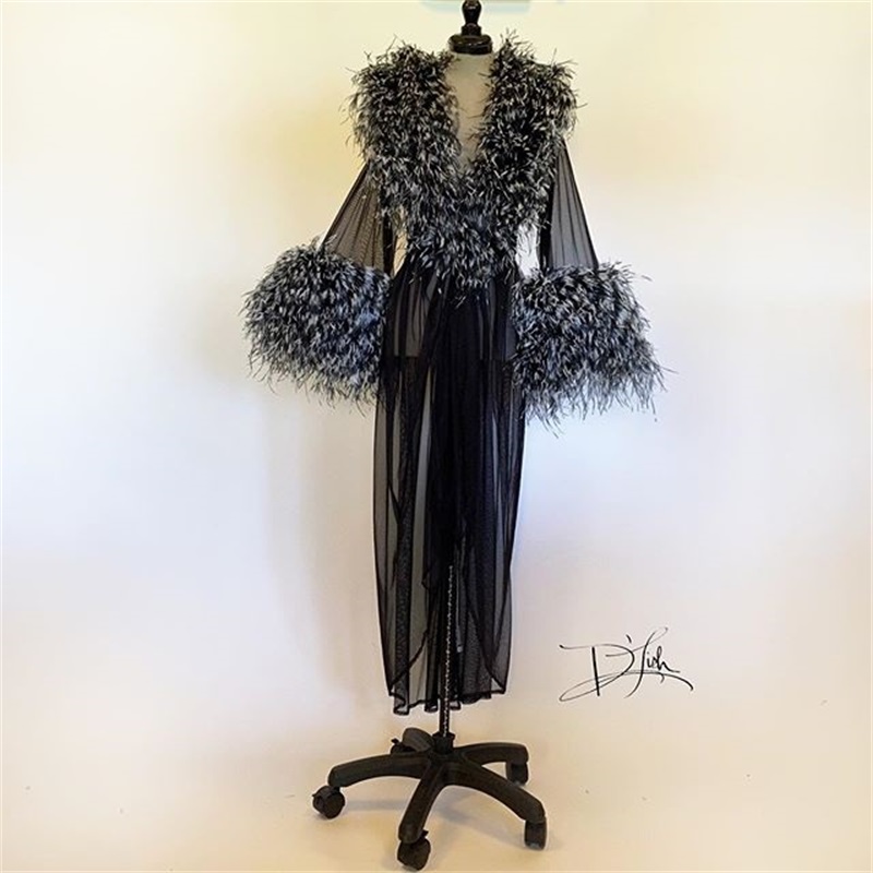 Luxury Night Gown Fur Ruffles Tulle Pregnant Dress Bride Sleepwear Fashion Long Sleeves Robes Custom Made Women Sexy Sleepwear Dresses