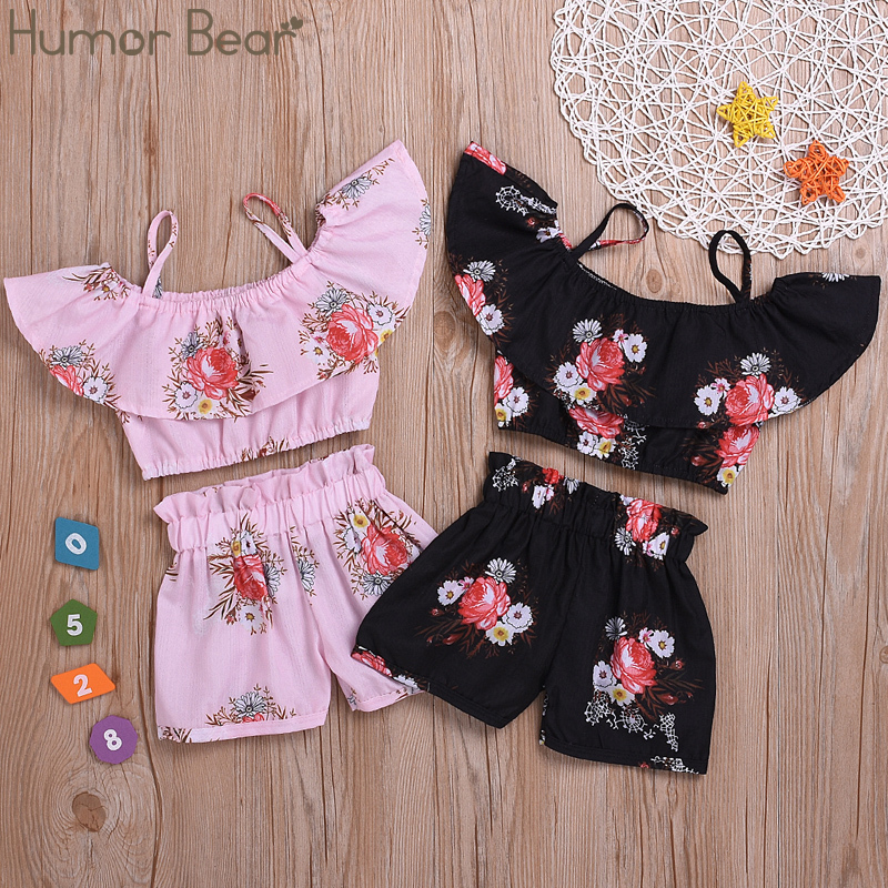 Humor Bear Girl Clothes Set Baby Summer Clothes Toddler Baby Kids Clothes Sling Floarl Off Shoulder Ruffled Top+ Pant 2pcsX1019