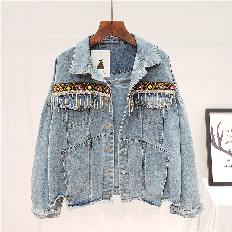 Vintage Jeans Jacket Coat Women Tassel Embroidery Flowers Denim Loose Long Sleeve Short Bohemia Female Outwear 201017