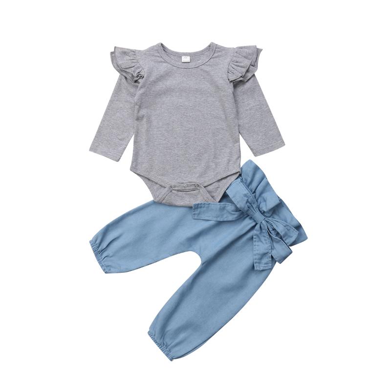 

Clothing Sets Born Infant Baby Girls Boys Clothes Set Grey Long Sleeve Ruffles Romper Tops+Bowknot Pants 0-24M, White