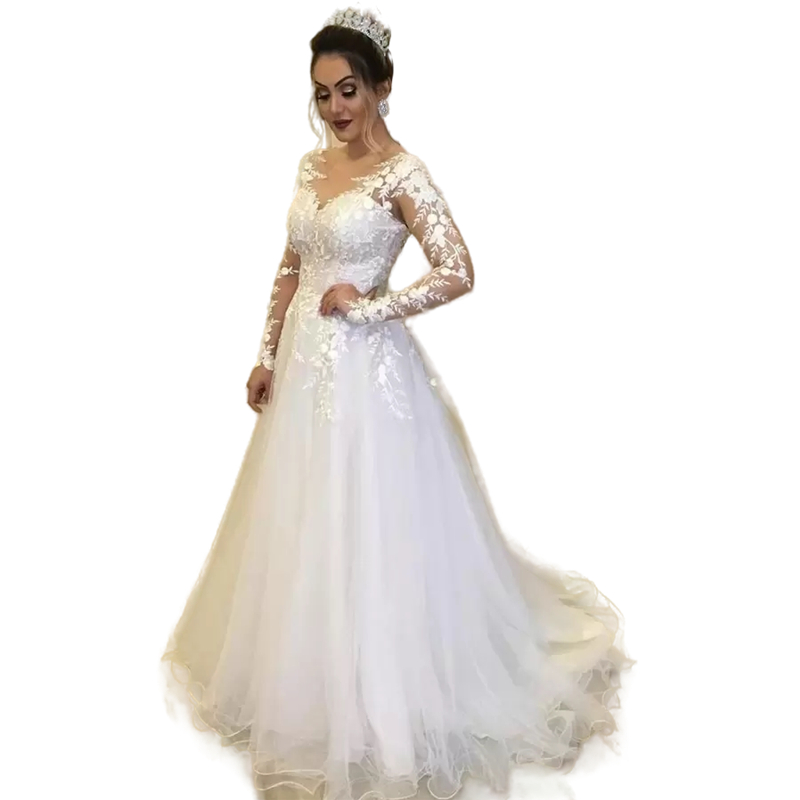 Applique Lace A-line Wedding Dress Long Sleeve Elegant Bridal Dresses Scoop Neck Tulle With Sweep Train Button Back Wedding Gowns summer boho beach br