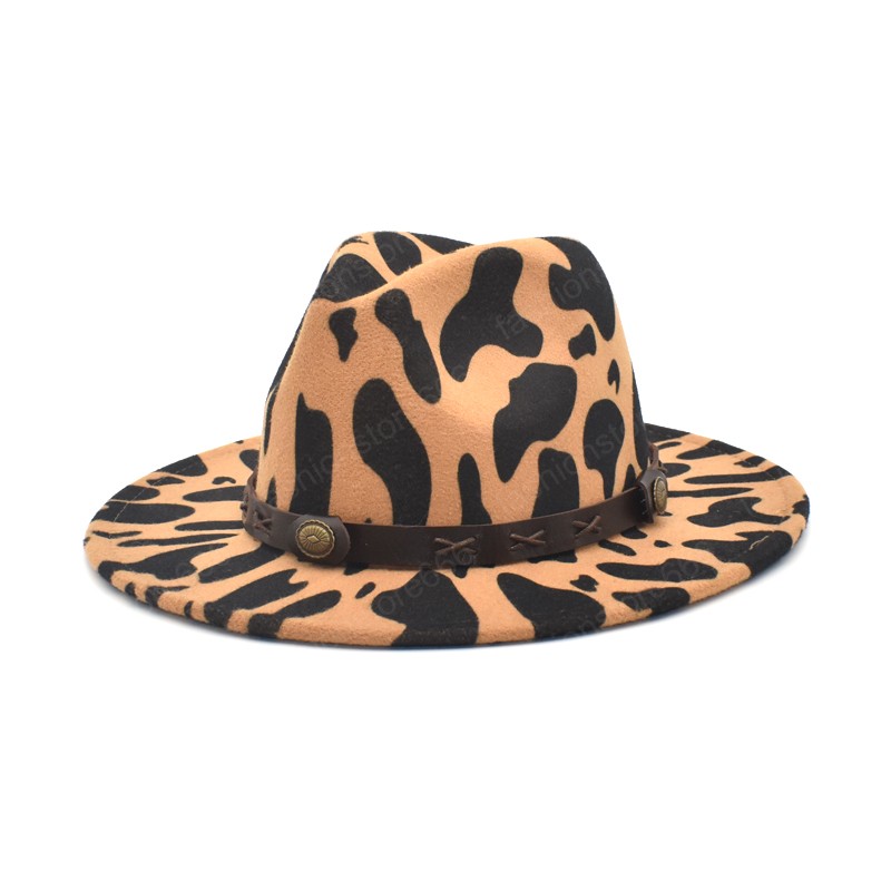 New Fashion Cow Print Jazz Caps Men Fedoras Hats Women Wool Felt Wide Brim Vintage Cowboy Hat