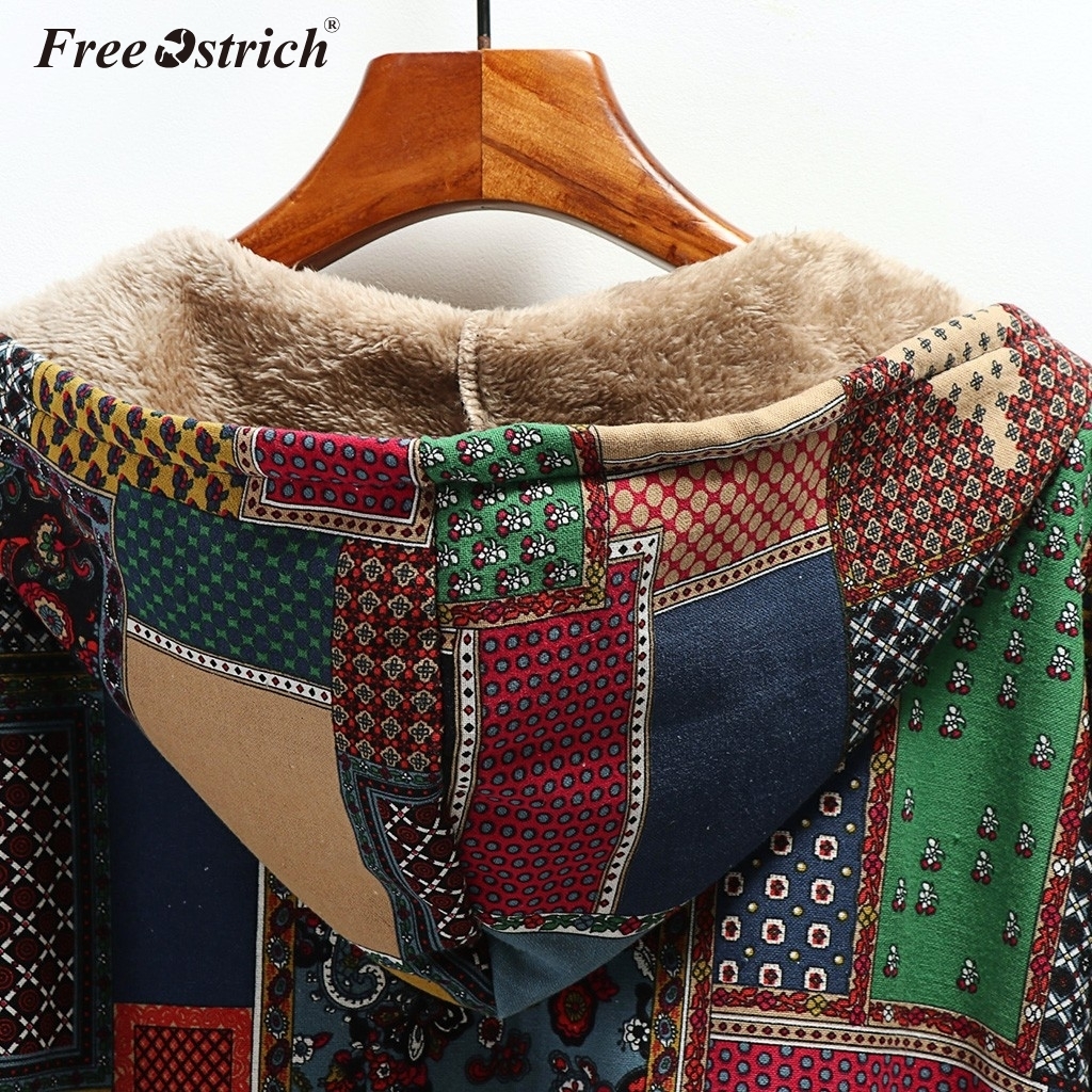 Free Ostrich Female Jacket Fleece Coat Women's Winter Warm Outwear Print Hooded Pockets Oversize Coats Plus Size N30 201017