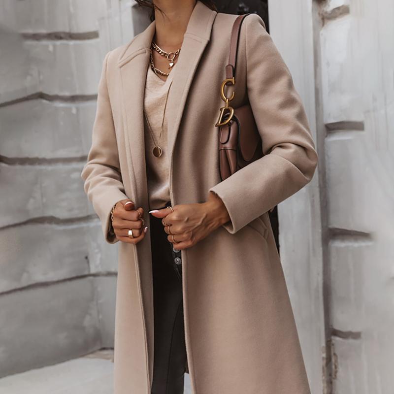 Women's Wool & Blends Winter Elegant Women Coat Light Tan Office Lady Overcoat Plus Size Long Sleeve Windproof Fashion Windbreaker 20211
