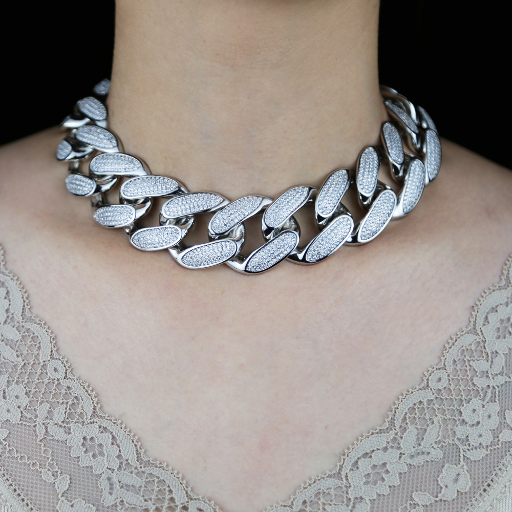 30mm big heavy women chunky choker necklace micro pave 5A cz cuban link chain iced out bling hip hop women cuban fashion jewelry