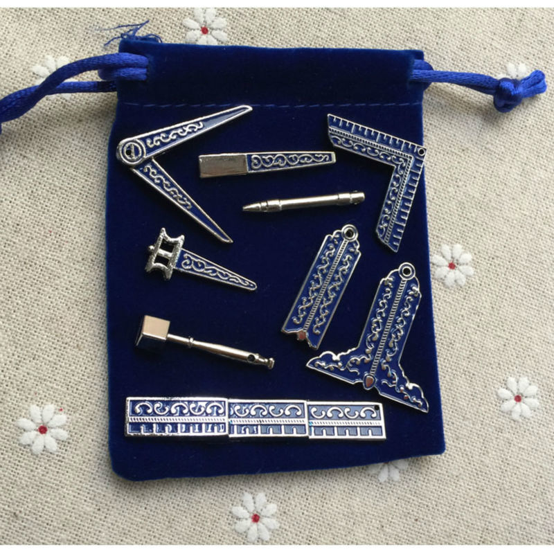 Small Size 9 Different Masonic Working Tools Classic Miniature Freemason Brooch Gifts Fine Craft Work for Masons with Cloth Bag 201009