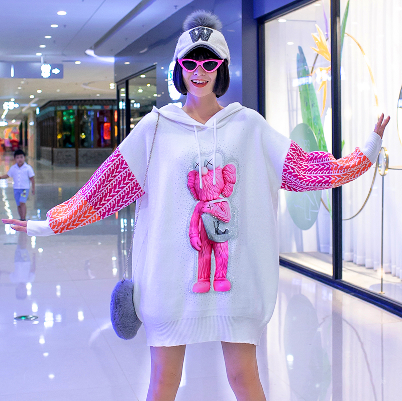 Vefadisa Diamond Cartoon Print Women Sweater Autumn Winter Thick Plus Size Patchwork Coat Hooded Pullover Knitted QYF4318 201223