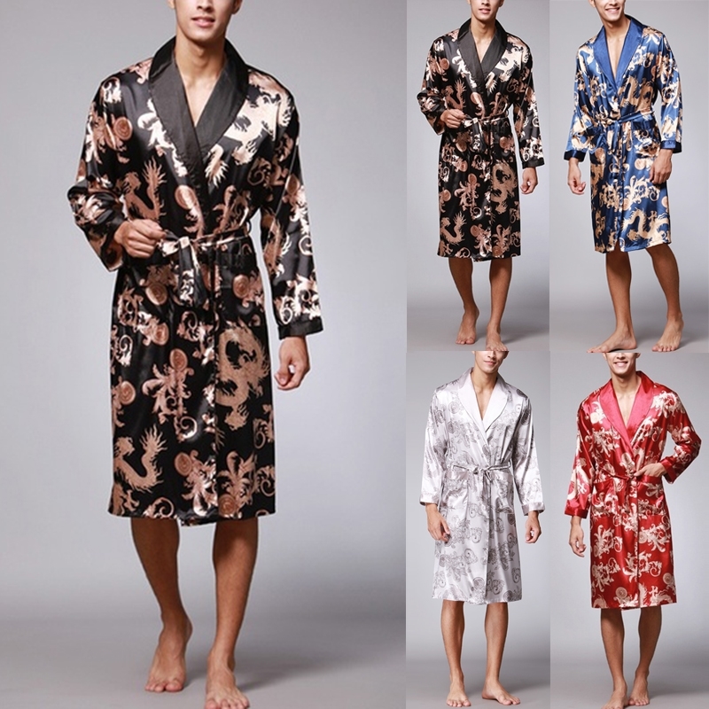 INCERUN Fashion Satin Silk Pajamas Mens Robe Long Sleeves Bathrobe Lucky Chinese Dragon Print Gown Bathrobe Sleepwear Lounge 210203