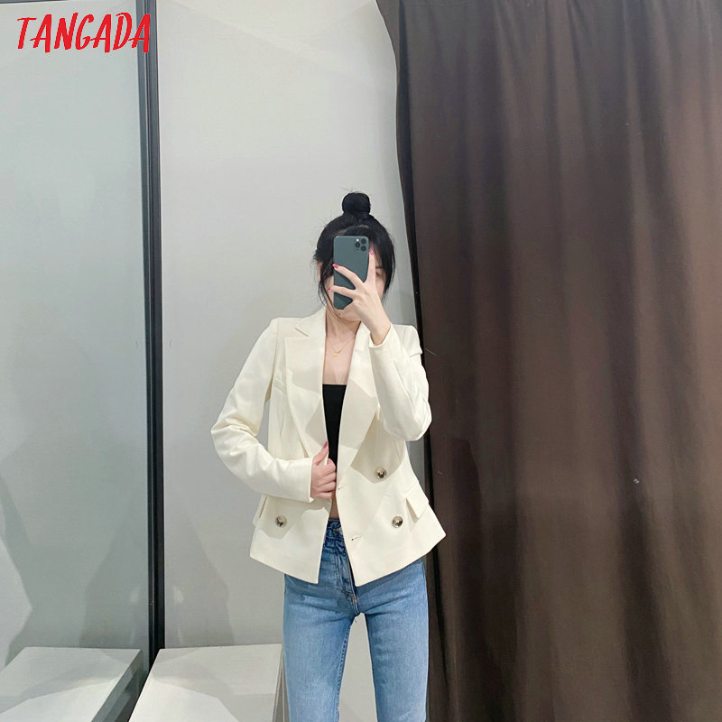 Tangada women double-breasted white blazer female long sleeve elegant jacket office lady formal suits 3H487 201114