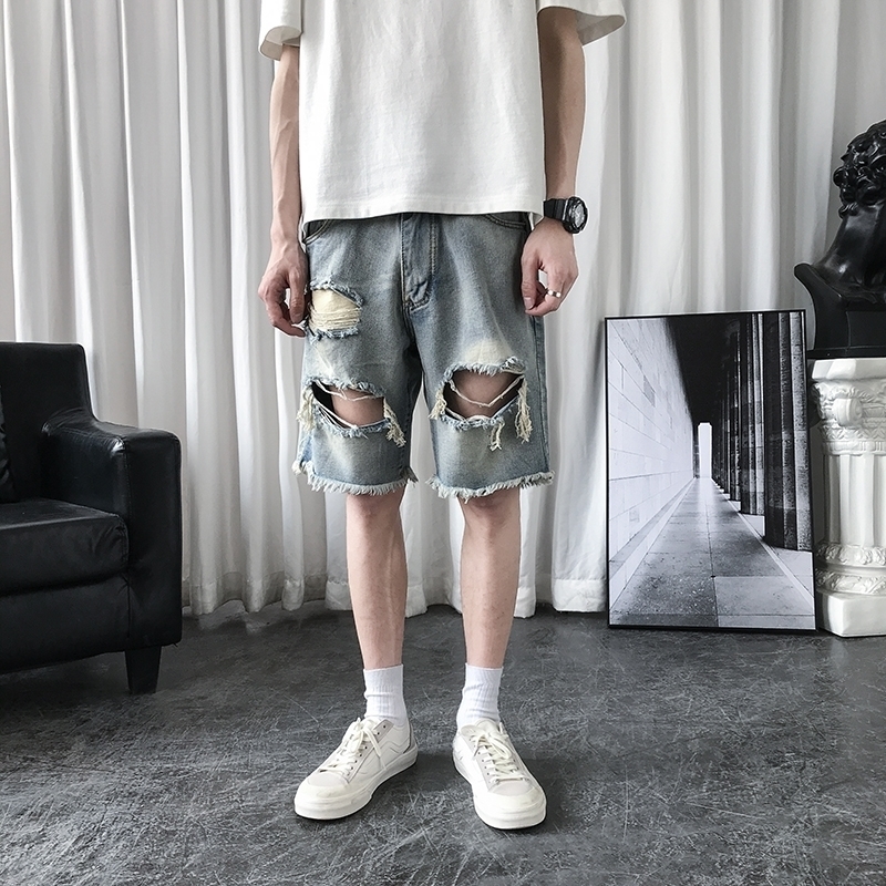 Men's Summer Denim Shorts Men's Fashion Casual Loose Short Jeans High Street Solid Color Hole Denim Shorts 201120