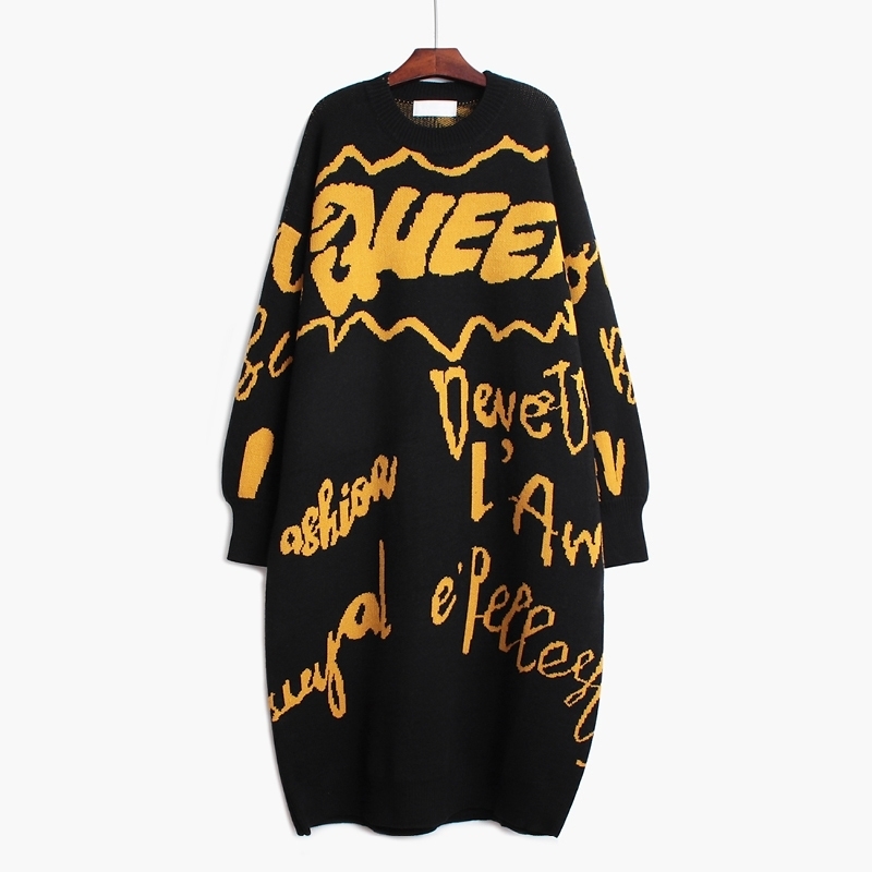 [EAM] Women Printed Big Size Long Knitting Dress New Round Neck Long Sleeve Loose Fit Fashion Tide Autumn Winter 1DA783 201030