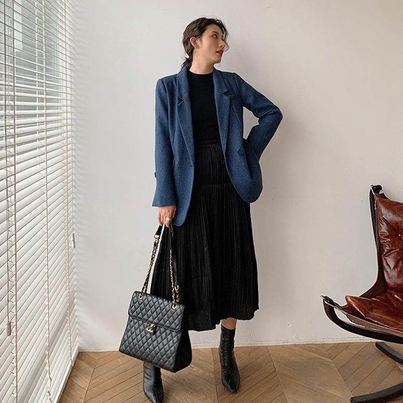 New Woolen Coat Women Elegant Thick Blue Suit Blazer Jacket Autumn Winter Office Lady Outwear Female Fashion 201030