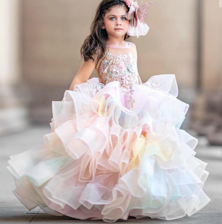 luxurious lace flower girl dresses colorful tiers tulle little girl wedding dresses cheap communion pageant dresses gowns zj699
