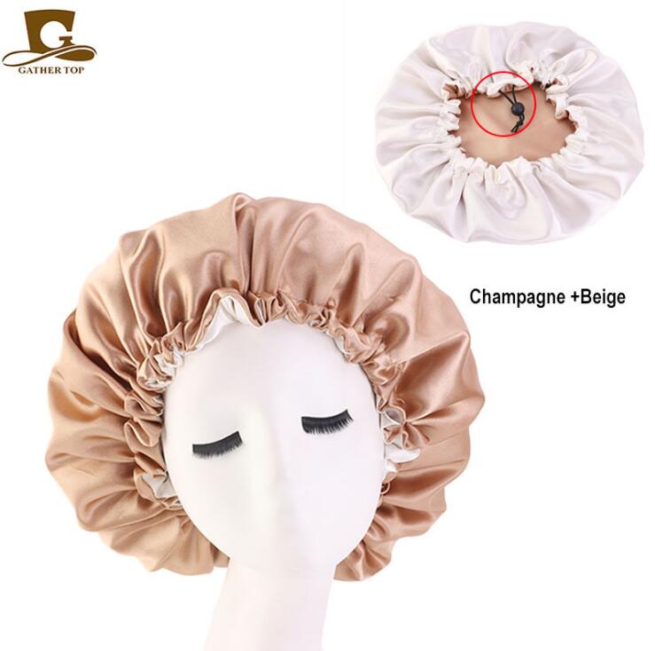 New Silk Night Cap Hat Double side wear Women Head Cover Sleep Cap Satin Bonnet for Beautiful Hair GD741