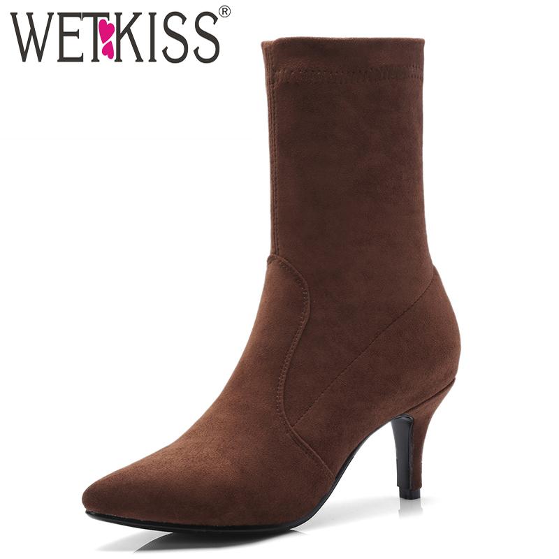 WETKISS Thin High Heels Ankle Women Boots Stretch Sock Boot Pointed Toe Shoes Flock Female Shoes Winter Rubber Footwear Black, Caramel thick plush