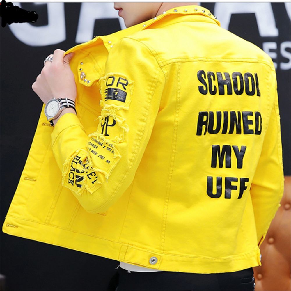 Spring Autumn Men's Ripped Denim Jacket Rivet Coat Cowboy Parka Jans Lapel Single-Breasted Outwear Tops 201123