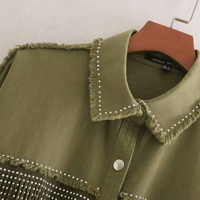 Army Green Lapel Stylish Oversized Beading Decorate Denim Women Jacket Tassel Long Sleeve Coat Female Outwear Loose Tops Black 201109