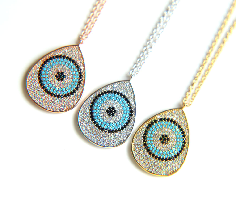 Big eye Charm summer Necklaces Gold Color cz paved round eye Rhinestone Pendant & Chain Men/Women wedding Jewelry