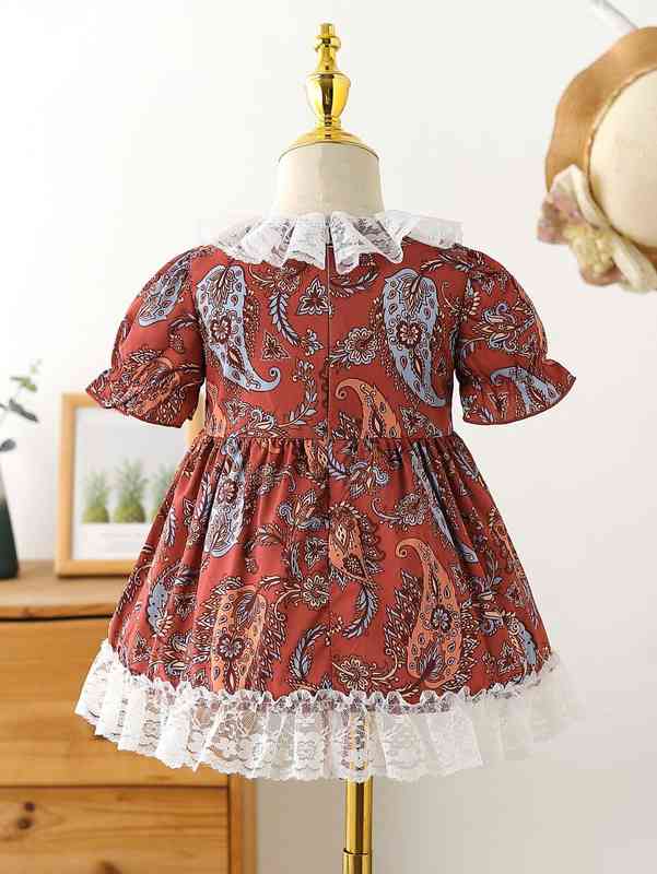 Baby Paisley Print Contrast Lace Puff Sleeve Ruffle Trim Bow Dress SHE