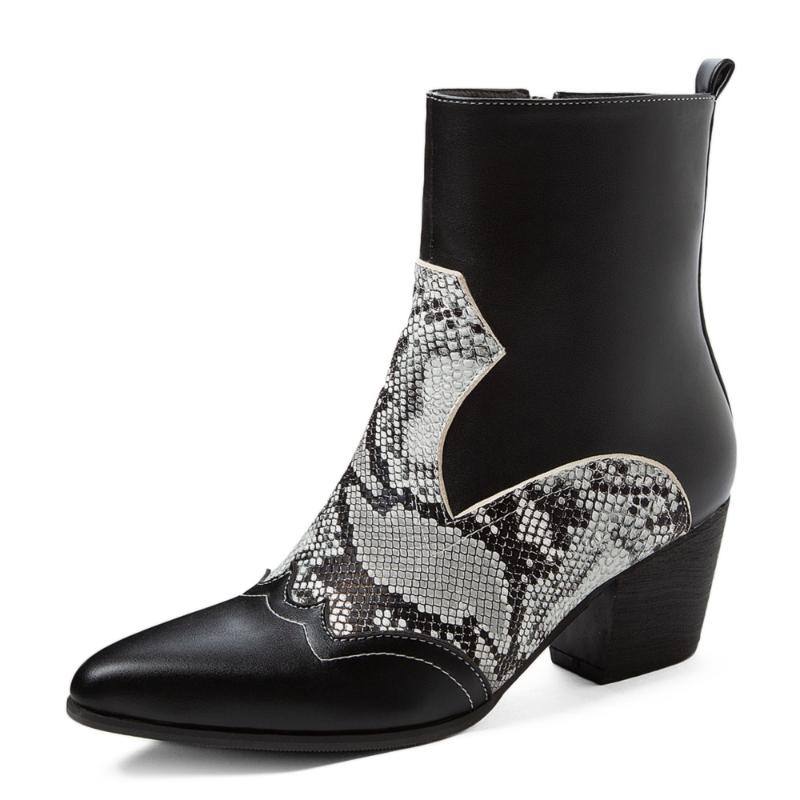 PU Stitching Snake Pattern Leather Side Zipper Ankle Boots Pointed Thick Heel Soft And Breathable Women's Boots, Black autumn
PU Stitching Snake Pattern Leather Side Zipper Ankle Boots Pointed Thick Heel Soft And Breathable Women's Boots, Black autumn