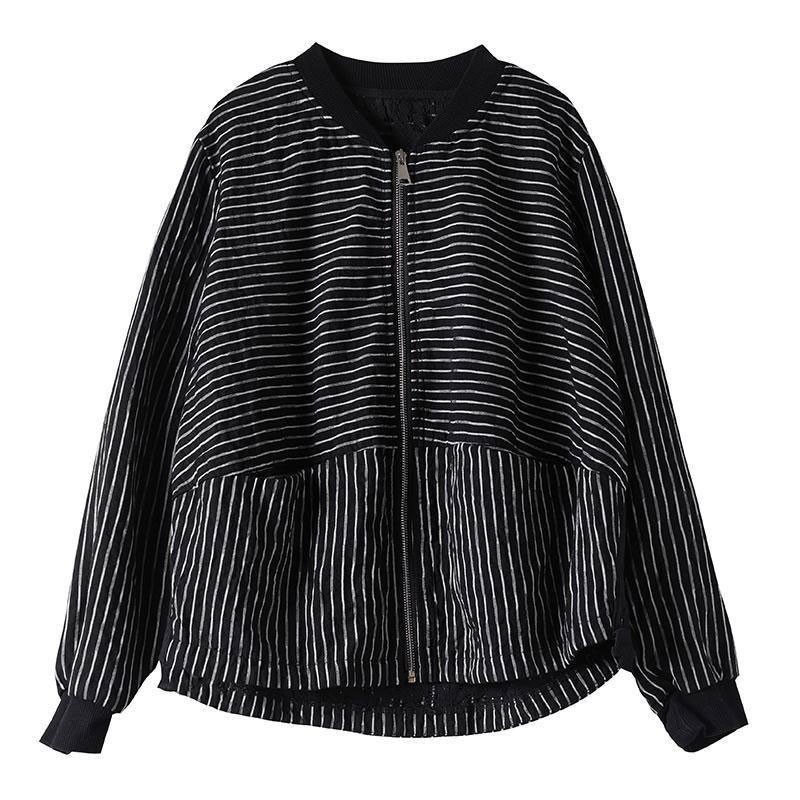 New Spring Autumn Korea Fashion Women Long Sleeve Casual Striped Short Coats Cotton Loose Zipper Jackets Big Size M494 201029
