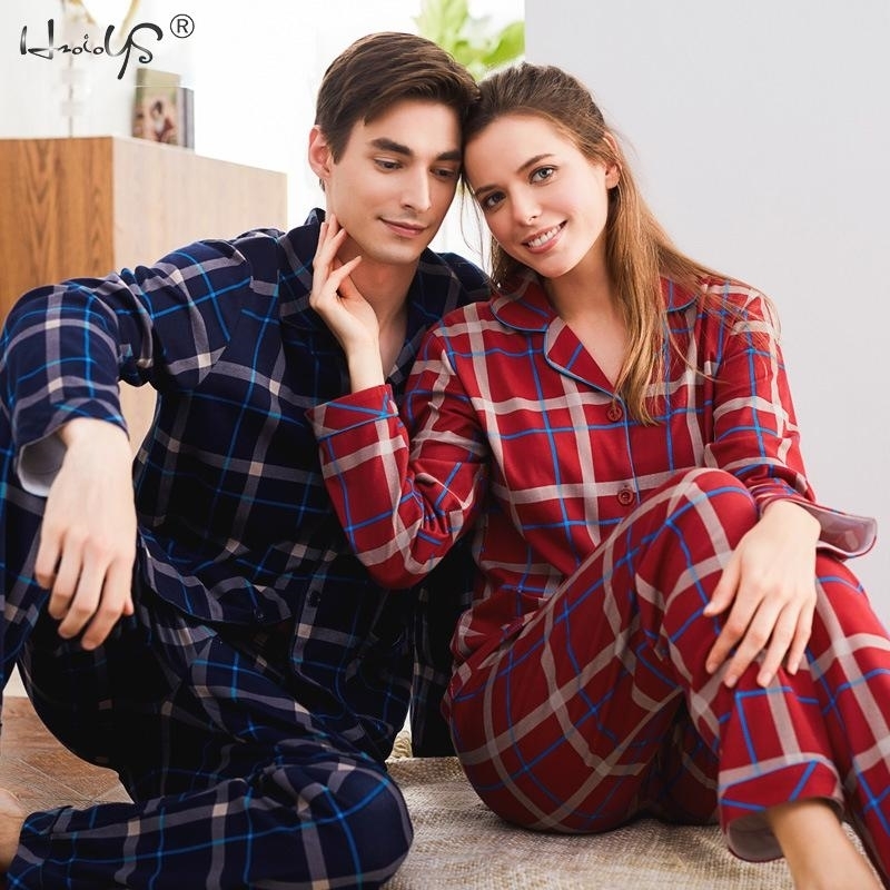 High Quality Lovers Sleepwear Couple 100% Cotton Long-Sleeved Pajama Sets For Men And Women Pajamas Home Suit 201023