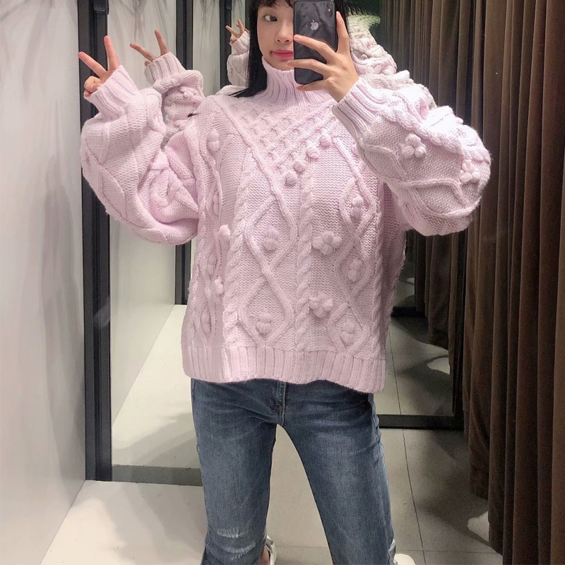 Fall Za Pink Knitted Woman Sweaters With Pompoms Turtleneck Oversized Cropped Sweater Women Long Sleeve Ribbed Trim Pullover 201223