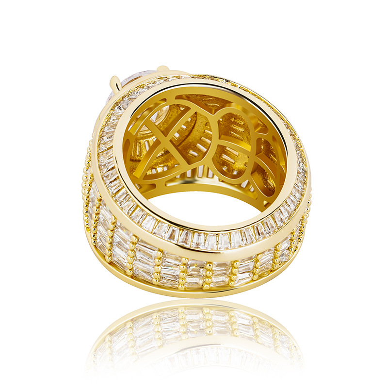 Men's Hip Hop Full Diamond Stone Rings Bling 18k Real Gold Plated 5A Cubic Zircon Finger Ring Jewelry Gift