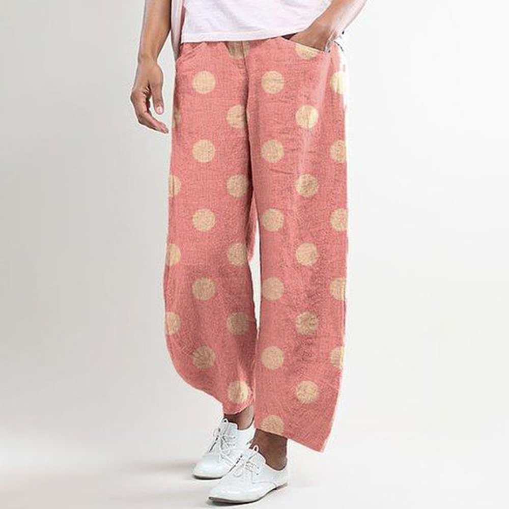 CYSINCOS Summer Vintage Dot Printed Pants Trousers Women Cotton Linen Wide Pants Elastic Waist Loose Pantalon Plus Size Pant 201111
