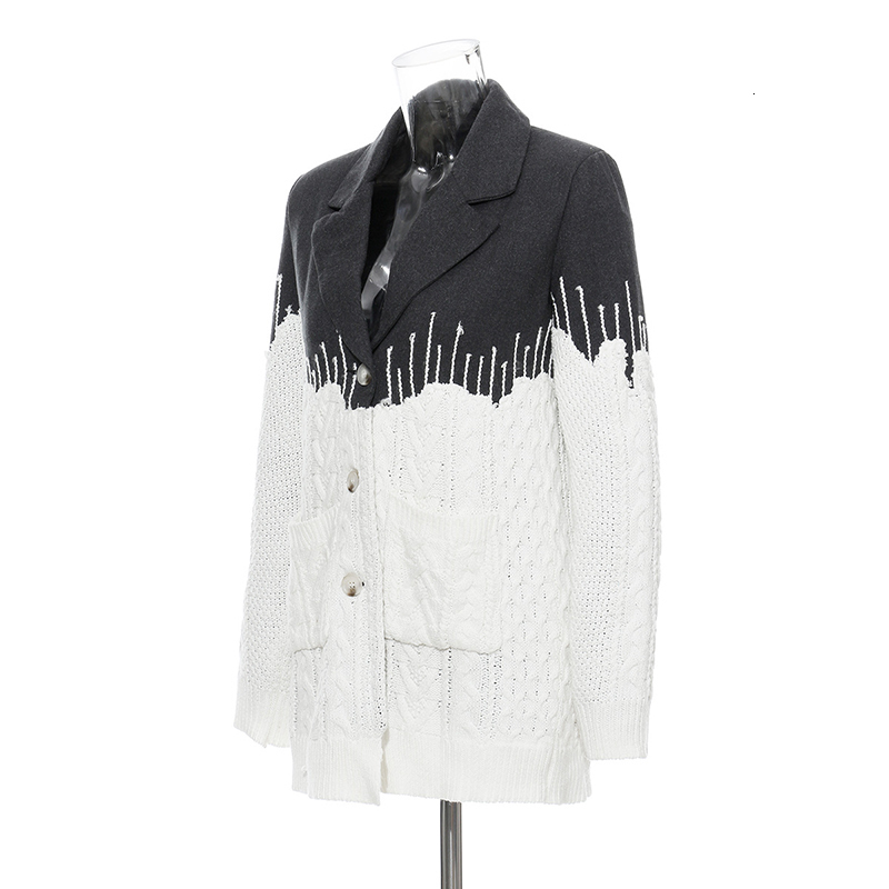 [EAM] Loose Fit Contrast Color Knitting Split Woolen Coat Parkas New Long Sleeve Women Fashion Tide Spring Autumn 2021 JZ248 201222