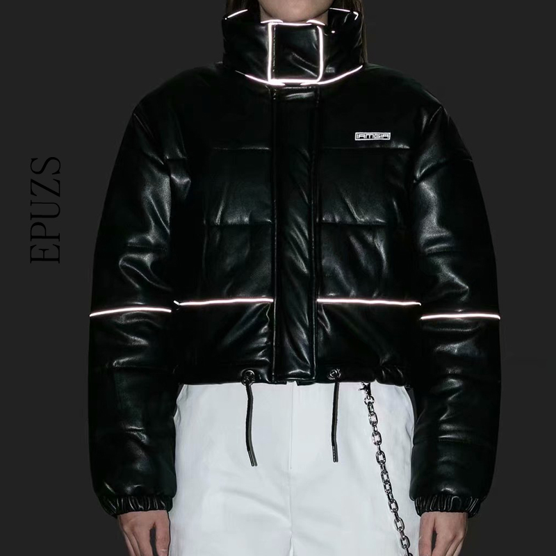 Winter jacket women bomber jacket black white stripe Reflective parka Korean fashion thick parka coat women Winter clothes 201019