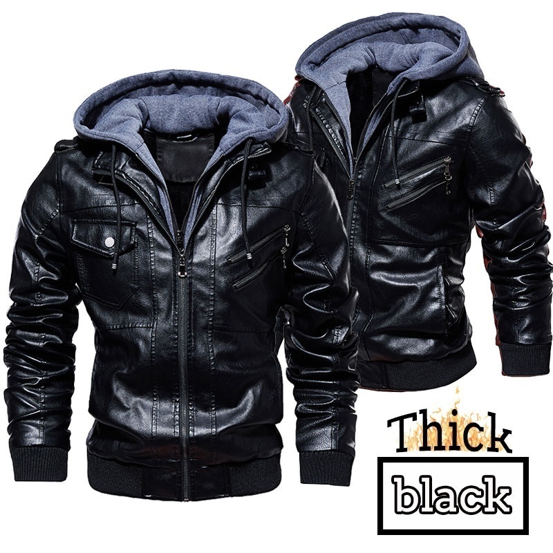 Men's Leather Jacket Autumn Winter Hooded Fur Lined Coat Man Thick Bomber Jacket With Hood Plus Size Vintage Coat Men Jackets 201014