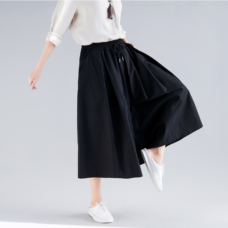 Johnature Solid Color Elastic Waist Tie Plus Size Pants 2019 Spring Pockets Casual Loose Linen Women CalfLength Wide Leg Pants T200319