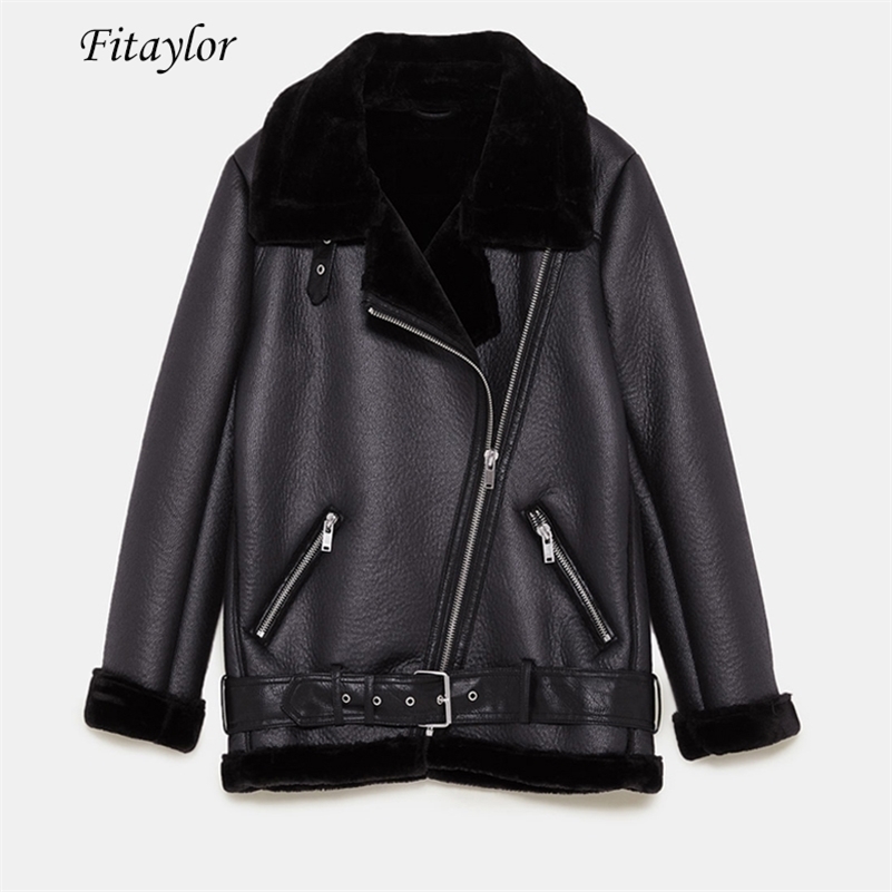 Fitaylor Women Winter Faux Lamb Leather Jacket Turndown Collar Warm Thick Faux Leather Lambs Wool Fur Collar Suede Jacket Coats 201226