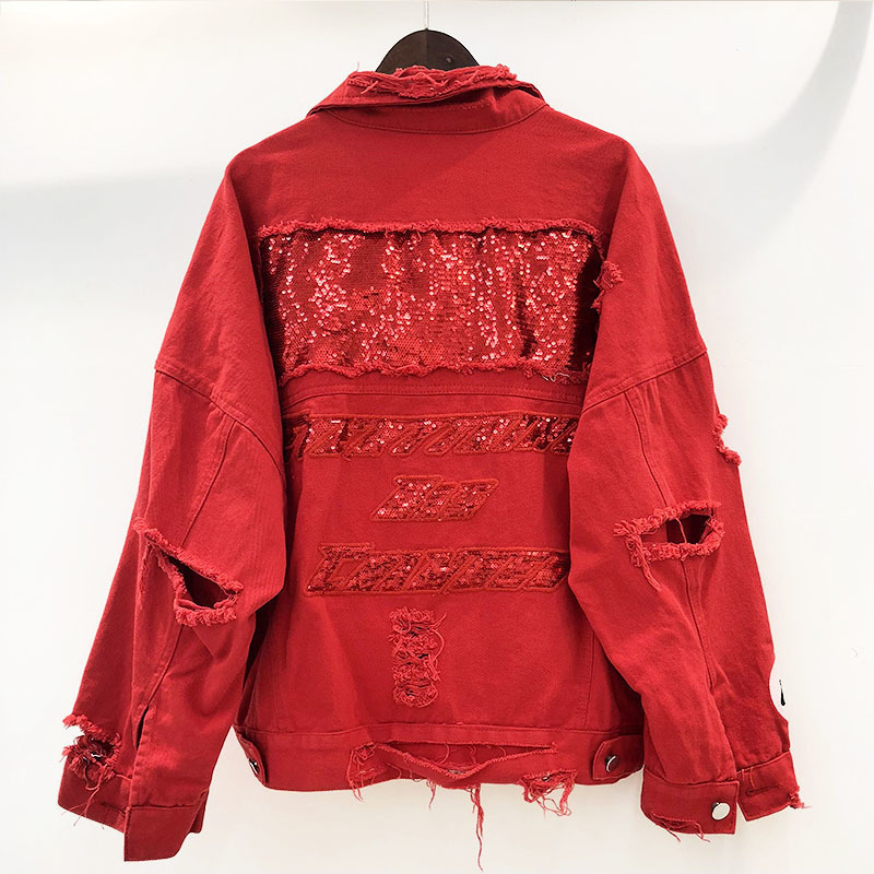 DEAT 2019 Red Black Denim Jacket Cotton Loose Free Size Coat Autumn Big Size Hole Jacket Women Sequin Denim Jacket MF746 T200111