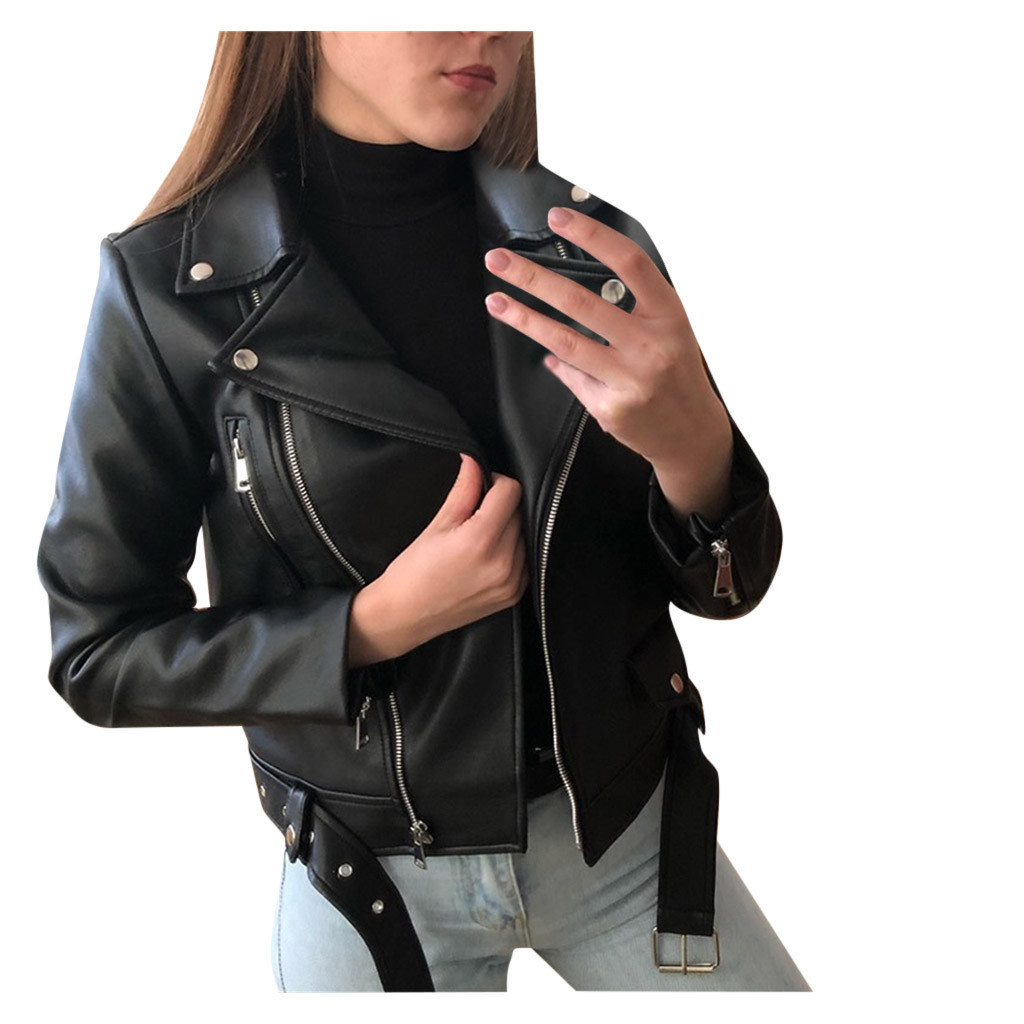 Women Cool Faux Leather Jacket Long Sleeve Zipper Fitted Coat Turn-down Collar Casual Pu Motorcycle Fall Female Short Jacket #40 201019