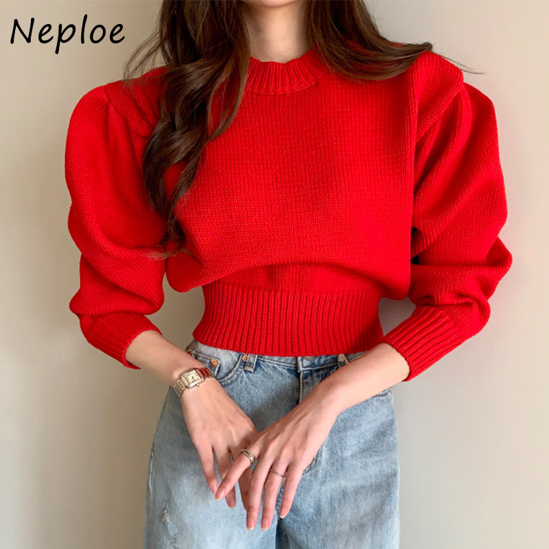 Neploe Autumn Candy Colors Slim Waist Pullovers O-neck All-match Knitted Sweater Puff Sleeve Soft Warm Tops Women 1G136 201221