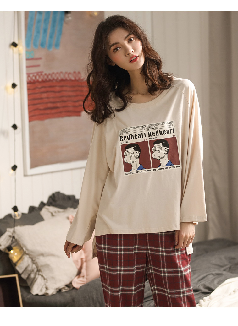 Women Home wear Long Sleeve spring checked Pajamas Sets wine red plaid Cotton Sleepwear girls indoor clothing female housewear 210203
