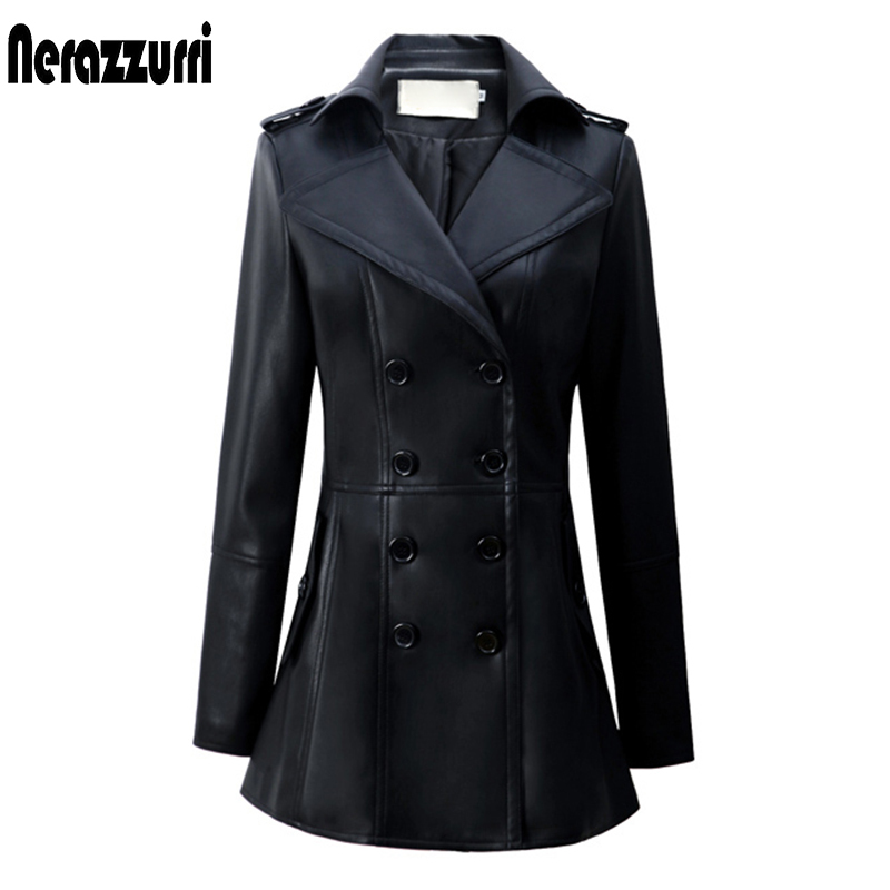 Nerazzurri British style leather trench coat for women long sleeve lapel Womens fashion Slim fit soft faux leather blazer 201226