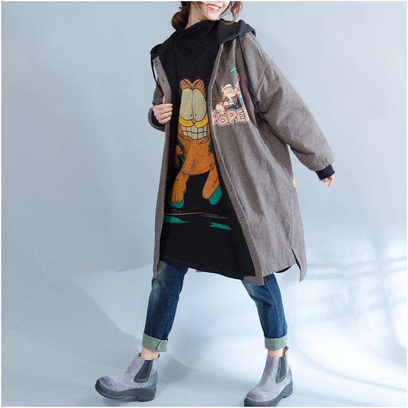 Large Size Autumn Winter Outwear Women Loose Fleece Thick Warm Hooded Cotton Coats Casual Cardigan Cartoon Plaid Jacket f1610 201106