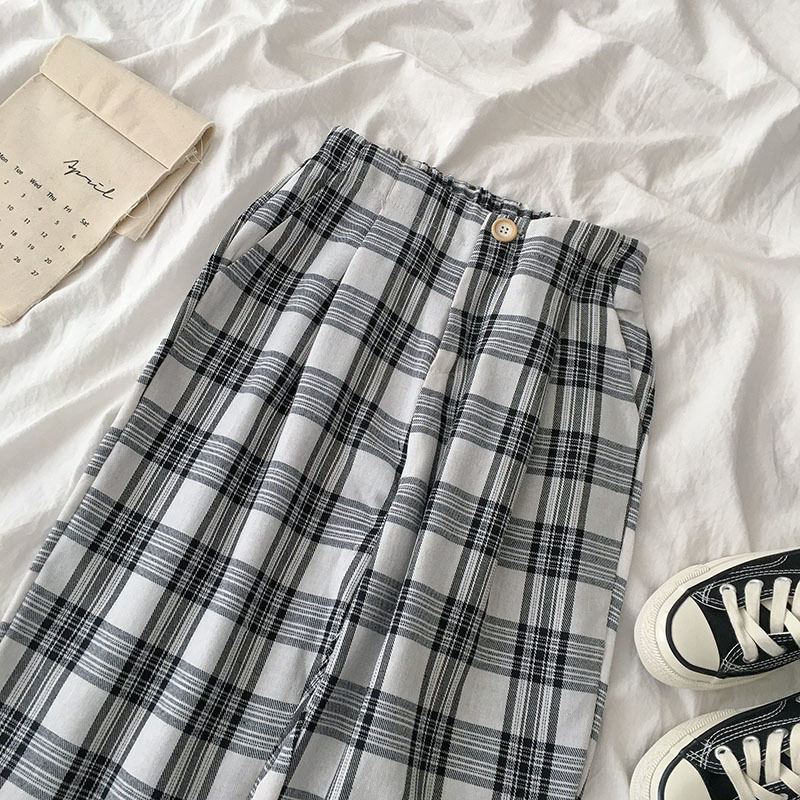 HOUZHOU Style Leg Korean Wide Summer Plaid Fashion Women Checkered Palazzo Pants 201111