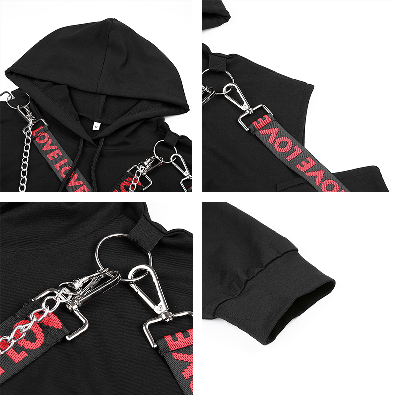 Rapwriter Casual Metal Chain Patchwork Letter Ribbon Long Sleeve Hoodies Women Fall Winter Black Harajuku Pullover Crop Top 201007