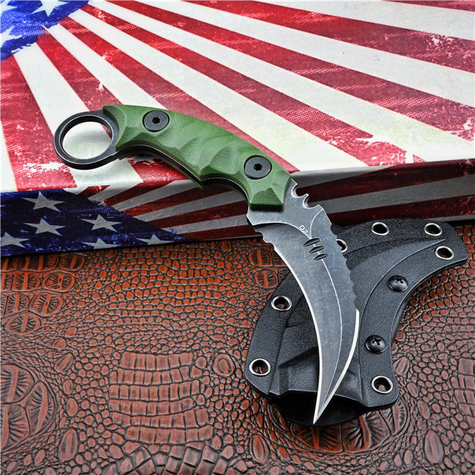 High Quality Outdoor Survival Tactical Fixed Claw Knife D2 Black Stone Wash / Satin Blade Full Tang GRN Handle Karambit