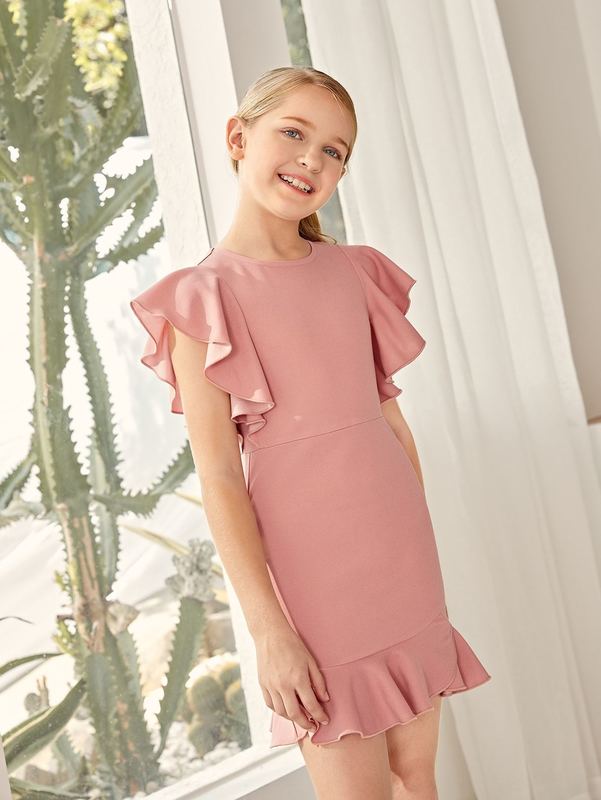 Girls Flutter Sleeve Ruffle Hem Dress SHE
