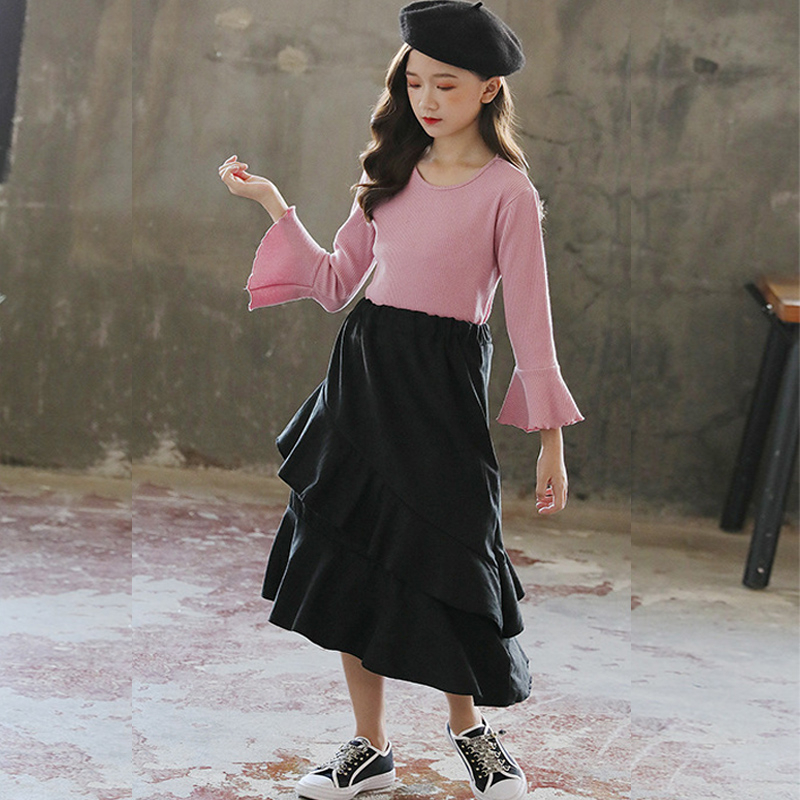 Baby Girl Outfits 2020 New Big Girls Clothes Kids Autumn Spring T Shirt+ Long Skirt Clothing Suit 2pcs Children Set FashionX1019