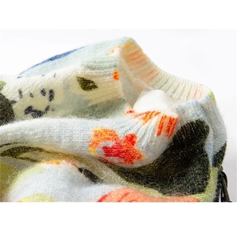 Oil painting print ladies sweater mohair blend long sleeve o-neck casual wild women knit sweater 201201