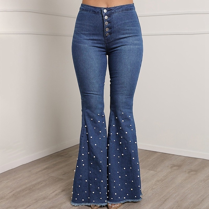 Beaded Denim flare jeans Women high waist elastic skinny jeans Wide Leg Trousers ladies Casual bell bottom jeans Pants plus size 201105