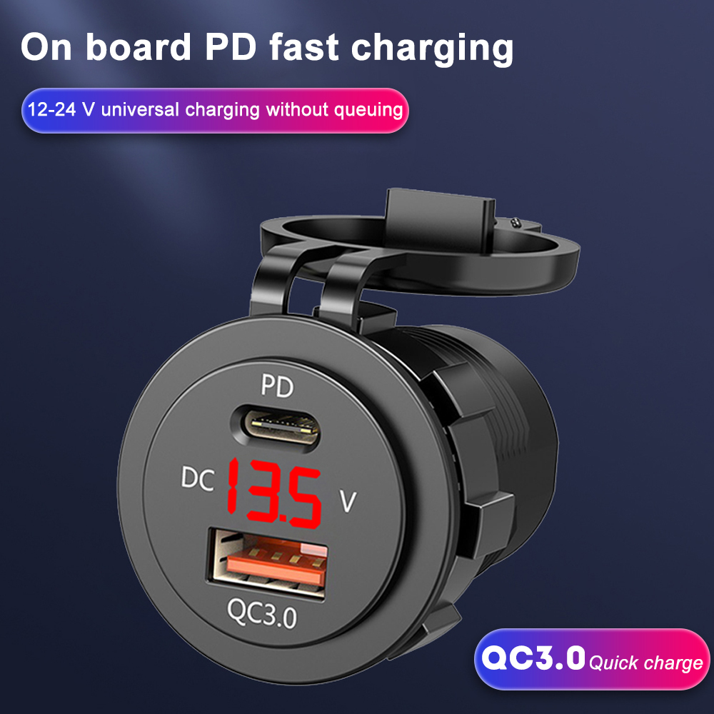 Charger QC 3.0 PD With LED Voltmeter Cable Chargers Socket Adapter Dual USB Universal Plug For 12-24V Car Motorcycles